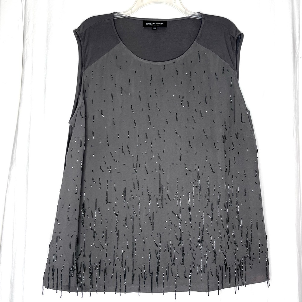 JONES NEW YORK‎ Beaded Sequined Dressy Sleeveless Plus Size Top 18W Blouse GRAY - Picture 2 of 15